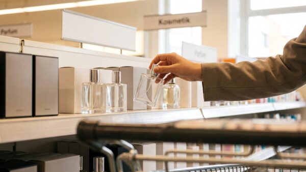 Hand greift im Drogerieregal eines Supermarkts nach einem schlichten Parfumflakon