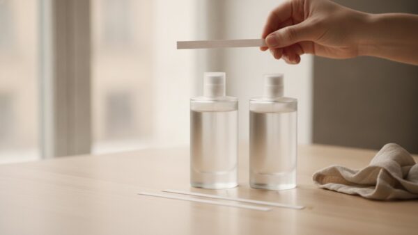 Hand hält einen Duftstreifen über zwei Parfumflakons ohne Etikett
