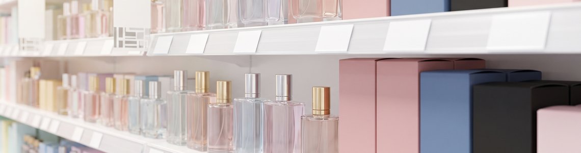 Drogerieregal mit schlichten Parfumflakons ohne Markennamen