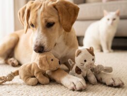Hund liegt auf dem Teppich mit zwei kleinen Plüschfiguren, eine Katze schaut im Hintergrund zu