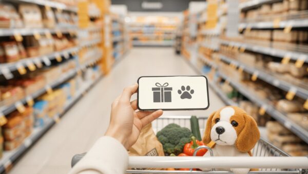 lidl plueschtier bild 2 Hände halten ein Smartphone mit Geschenk- und Pfotensymbol über einem Einkaufswagen mit Tierfutter