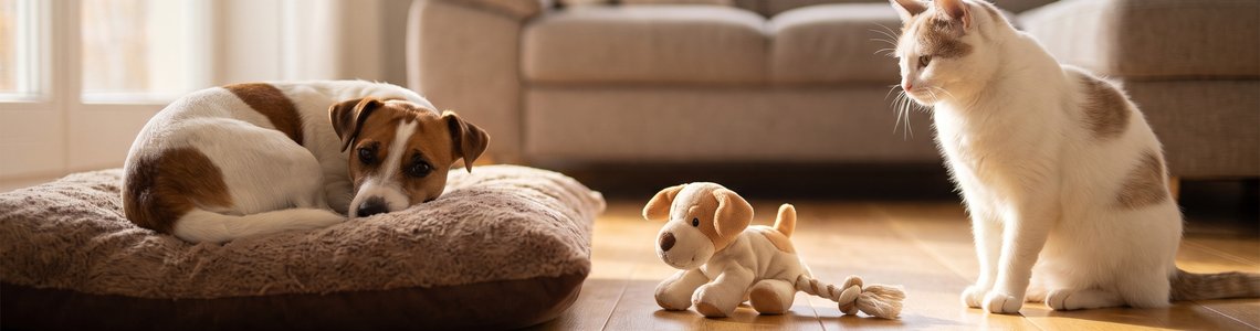 Hund und Katze im Wohnzimmer mit einem kleinen Plüsch-Hundespielzeug zwischen ihnen