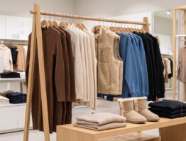 Kleiderstange mit Herbstmode und gefalteten Pullovern in einem hellen Discounter-Gang