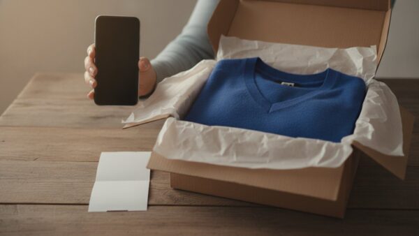 lidl strenesse bild 2 Geöffneter Versandkarton mit blauem Pullover und Smartphone in der Hand