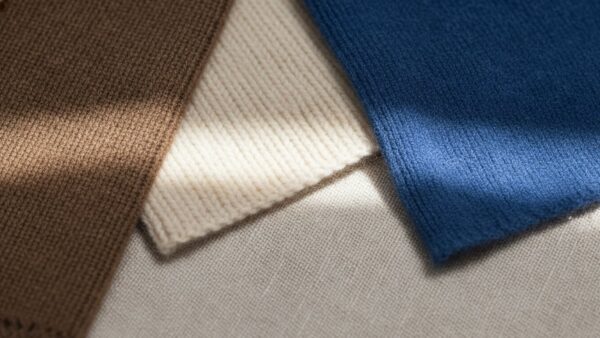 lidl strenesse bild 3 Strickstoffe in Braun, Creme und Royalblau in Nahaufnahme