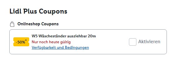 lidl w5 waeschestaender screenshot coupon Lidl Plus Coupon für den W5 Wäscheständer (Screenshot)