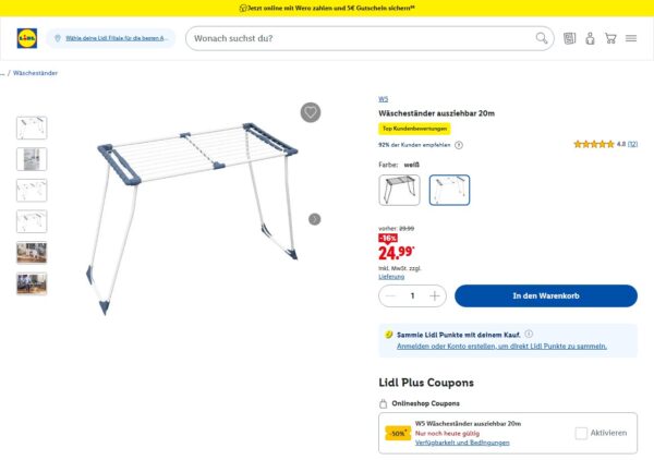 lidl w5 waeschestaender screenshot produkt W5 Wäscheständer ausziehbar 20m im Lidl-Onlineshop (Screenshot)