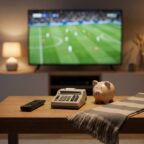 Live-Sport-Kosten senken: Fernseher mit Fußballspiel, Taschenrechner und Sparschwein