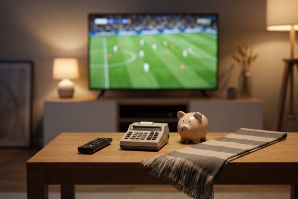 Live-Sport-Kosten senken: Fernseher mit Fußballspiel, Taschenrechner und Sparschwein