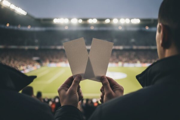 Stadionbesuch: zwei Eintrittskarten vor einem beleuchteten Fußballstadion