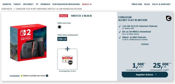logitel congstar switch 2 angebot screenshot LogiTel Angebot: congstar Allnet Flat M mit Nintendo Switch 2 und 20€ Wunschgutschein