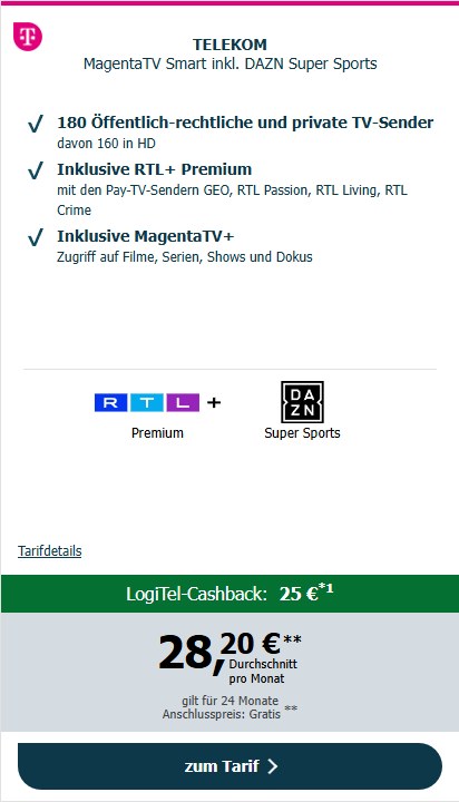 logitel magentatv smart dazn 25 euro cashback Magenta TV Smart inkl. DAZN Super Sports Beispielrechnung – 25€ Cashback, eff. 28,20€