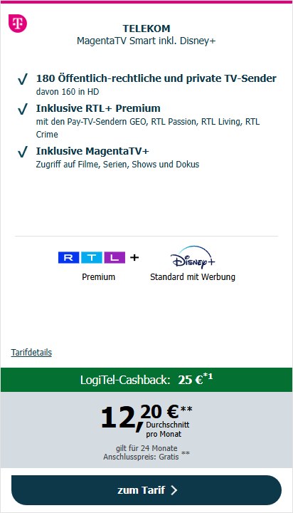 logitel magentatv smart disney 25 euro cashback Magenta TV Smart inkl. Disney+ Beispielrechnung – 25€ Cashback, eff. 12,20€