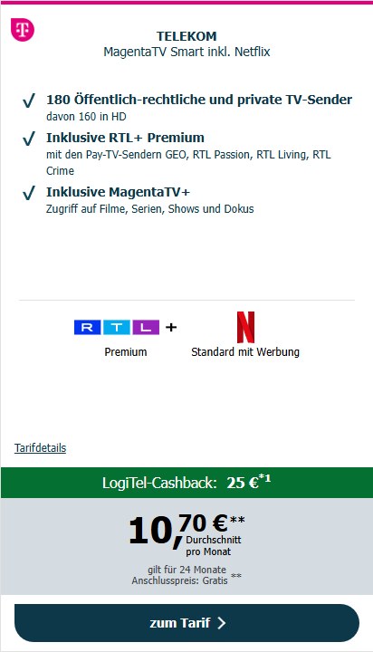 logitel magentatv smart netflix 25 euro cashback Magenta TV Smart inkl. Netflix Beispielrechnung – 25€ Cashback, eff. 10,70€