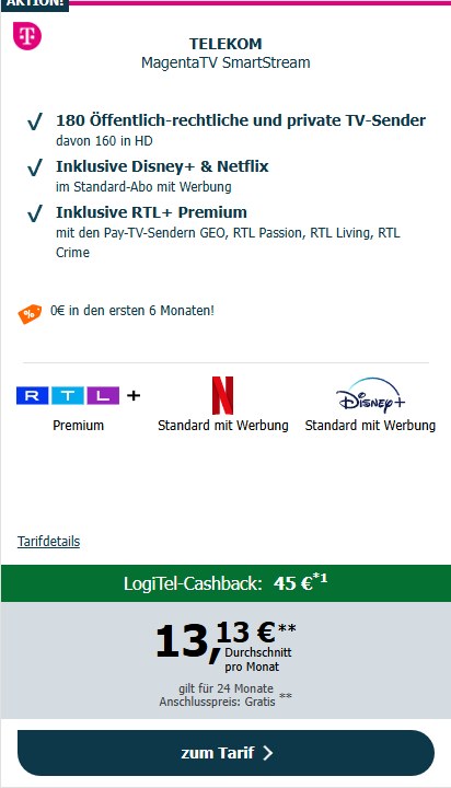 logitel magentatv smartstream 45 euro cashback Magenta TV SmartStream Beispielrechnung – 45€ Cashback, eff. 13,13€