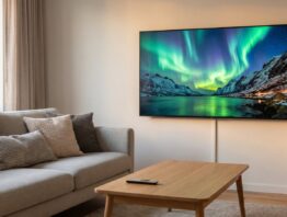 Hisense Fernseher im Wohnzimmer mit Polarlicht-Landschaft auf dem Bildschirm