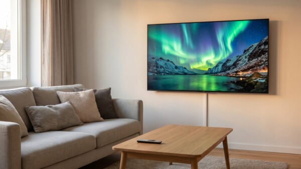 Hisense Fernseher im Wohnzimmer mit Polarlicht-Landschaft auf dem Bildschirm