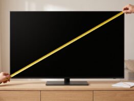 85 Zoll Fernseher Maße: Massband diagonal über einem großen Flachbildfernseher