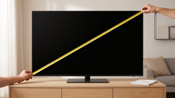 85 Zoll Fernseher Maße: Massband diagonal über einem großen Flachbildfernseher