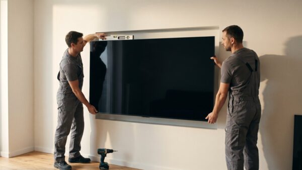 Wandmontage eines 85-Zoll-Fernsehers zu zweit mit Wasserwaage