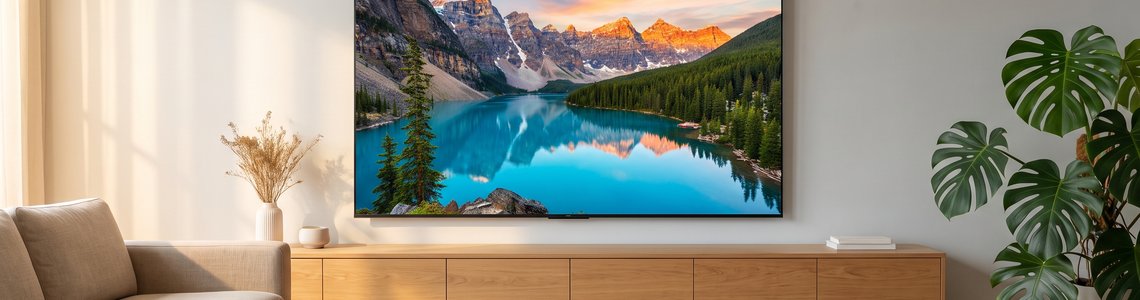 85 Zoll Fernseher an der Wohnzimmerwand über einem Sideboard