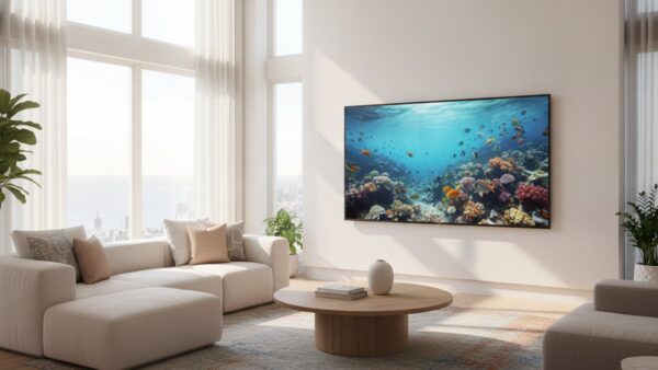 Großer Mini-LED-Fernseher mit mattem Bildschirm in hellem Wohnzimmer