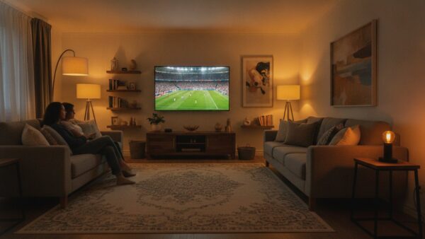 Sitzabstand bei einem großen Fernseher: Blick vom Sofa auf einen 85-Zoll-TV