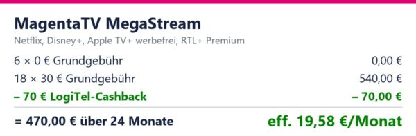 magentatv megastream beispielrechnung Magenta TV MegaStream Beispielrechnung – 70€ Cashback, eff. 19,58€