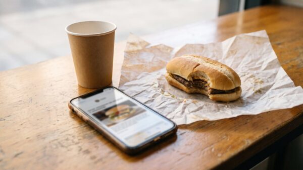 Smartphone mit unscharfem Newsletter neben einem länglichen Burger auf Einwickelpapier