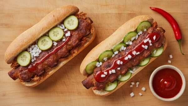 Zwei aufgeklappte längliche Burger im Vergleich: links mit Barbecue-Sauce und sauren Gurken, rechts zusätzlich mit roter Chilisauce und frischer Gurke