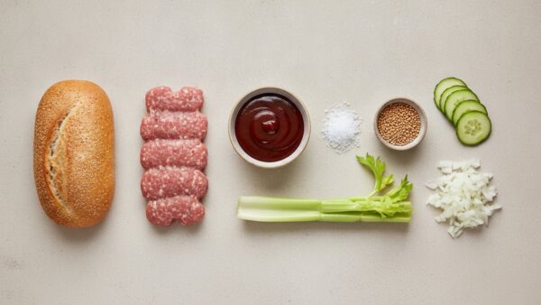 Zutaten eines Barbecue-Burgers einzeln ausgelegt: Brötchen, Schweinefleisch-Patty, Barbecue-Sauce, Salz, Senfkörner, Sellerie, Gurke und Zwiebeln