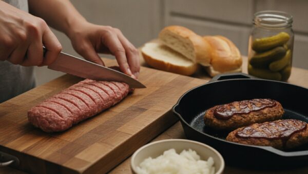 Hände kerben längliche Hackfleisch-Pattys für einen selbst gemachten Rippchen-Burger ein, daneben eine Pfanne mit glasierten Pattys