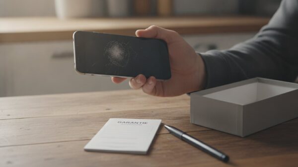Hand hält Smartphone mit gesprungenem Display über Garantieheft und Karton