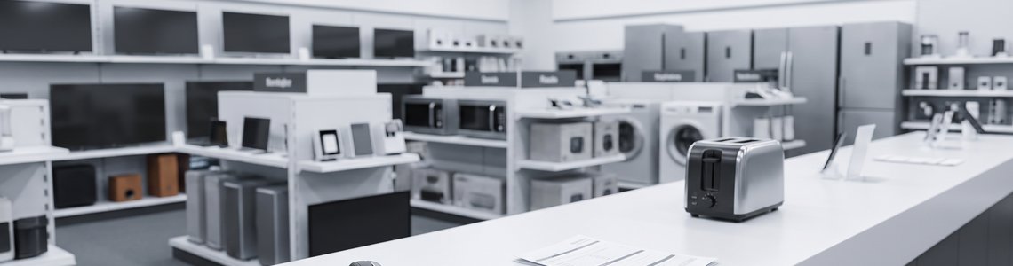Servicetheke eines Elektronikmarkts mit defekten Geräten zur Reklamation