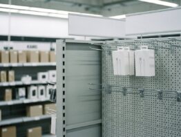 Leere Haken in einem Elektronikmarkt-Regal nach dem Verkaufsstopp