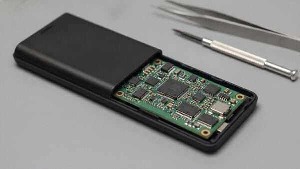 Geöffnete Hardware-Wallet mit Platine auf einer Arbeitsmatte