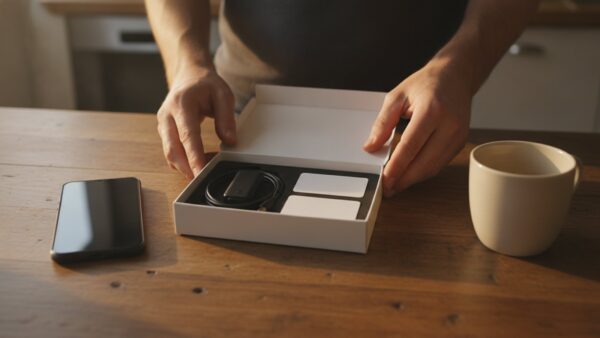 Hände öffnen die Schachtel einer Hardware-Wallet mit leeren Wiederherstellungskarten