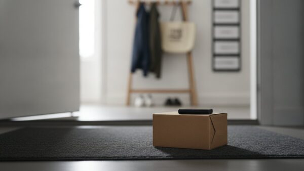 Versandpaket mit Hardware-Wallet vor einer Haustür