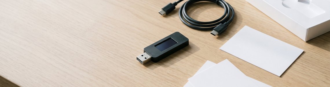 Hardware-Wallet mit Kabel und geöffneter Schachtel auf einem Schreibtisch