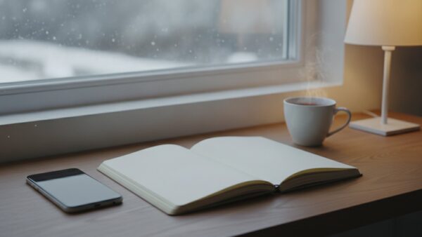 Schreibtisch am Fenster mit leerem Notizbuch, ausgeschaltetem Smartphone und Tee, draußen Schneefall