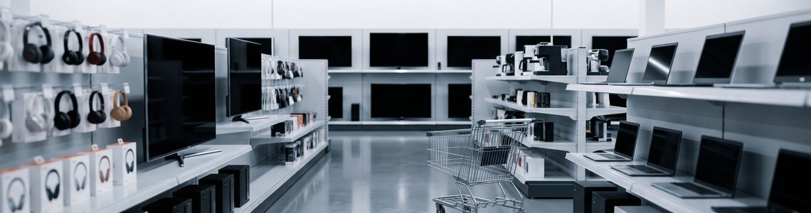 Heller Elektronikfachmarkt mit Regalreihen voller Fernseher, Kopfhörer und Küchengeräte, im Gang ein leerer Einkaufswagen