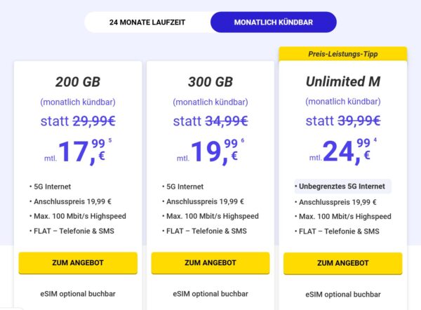 MegaSIM Tarifübersicht monatlich kündbar mit Anschlusspreis 19,99€