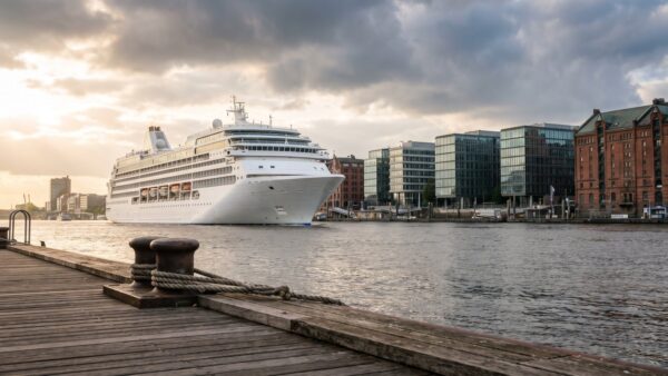 mein schiff flow bild 1 Kreuzfahrtschiff fährt nach einem Sturm an der Hamburger Hafenkante entlang