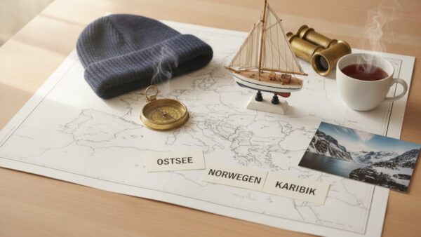 mein schiff flow bild 2 Seekarte von Nordeuropa mit Kompass, Modellschiff und Kärtchen „Ostsee“, „Norwegen“ und „Karibik“
