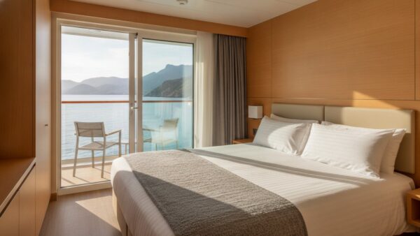 mein schiff flow bild 3 Helle Balkonkabine auf einem Kreuzfahrtschiff mit Blick auf Meer und KĂĽste