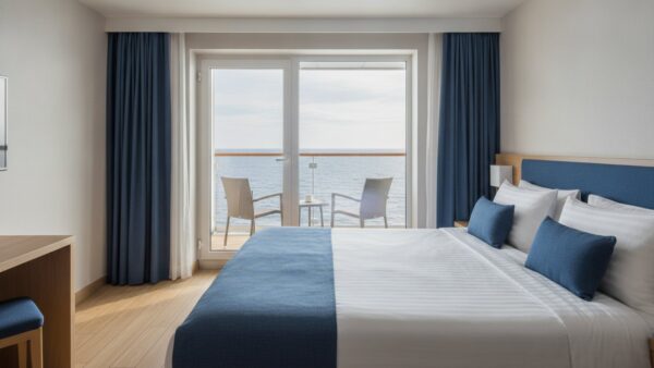 mein schiff relax bild 3 Helle Balkonkabine mit Doppelbett und Blick durch die GlastĂĽr aufs Meer
