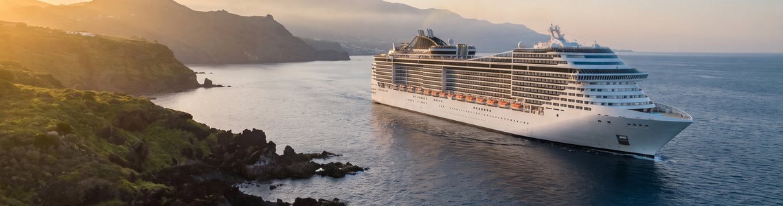 Großes weißes Kreuzfahrtschiff vor einer vulkanischen Küste im Abendlicht