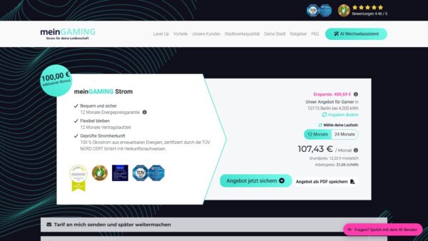 meingaming tarifrechner berlin screenshot Screenshot meinGAMING-Tarifrechner Berlin bei 4.000 kWh mit 100 Euro Bonus