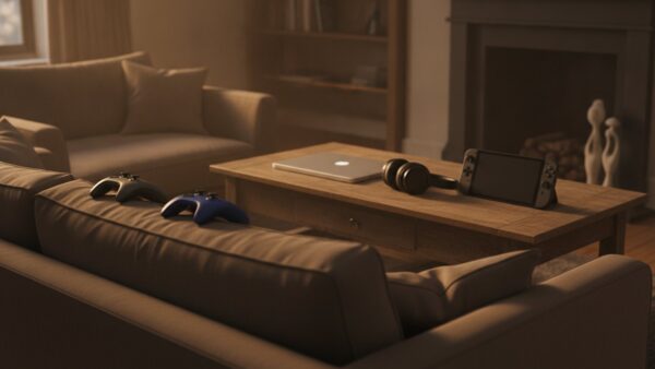 minecraft dungeons 2 bild 3 Sofa mit Gamecontrollern, Laptop, Handheld-Konsole und Headset als Symbol für Couch- und Online-Koop über mehrere Plattformen