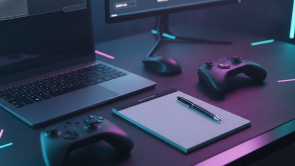 minecraft dungeons 2 bild 4 Gaming-Schreibtisch mit beleuchteter Tastatur, Maus, Controller und leerem Notizblock als Symbol für Test und Systemvoraussetzungen